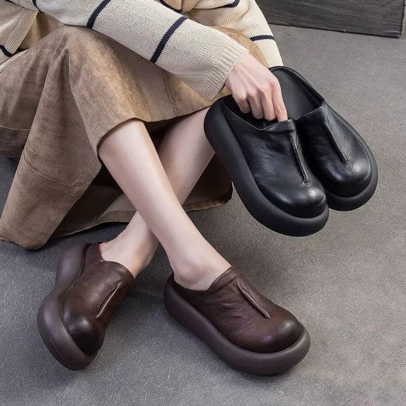 GKTINOO 2026 Nouvelles sandales d'été à semelle épaisse en cuir véritable à bout rond polyvalentes pour femmes