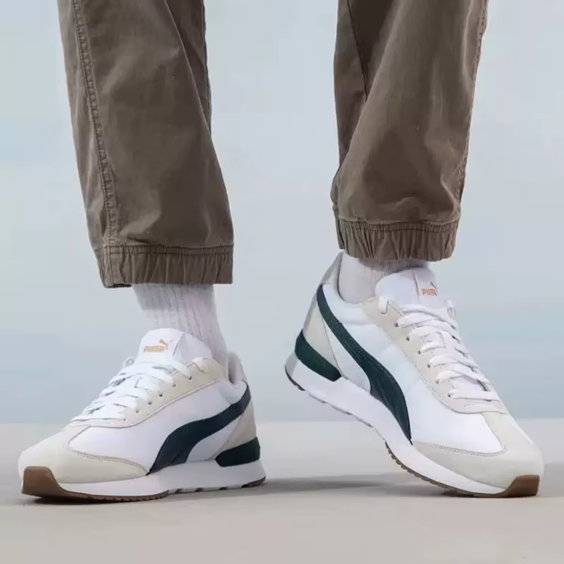 PUMA Baskets décontractées rétro légères antidérapantes en daim blanc et vert foncé avec surpiqûres 399250-04