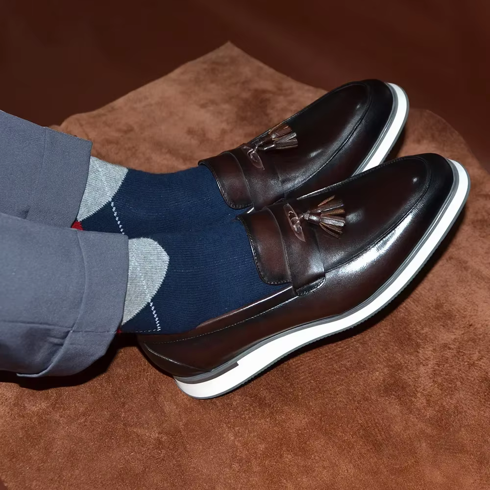 XEBOS hommes à la main en cuir véritable gland Penny mocassins noir marron chaussures plates automne décontracté