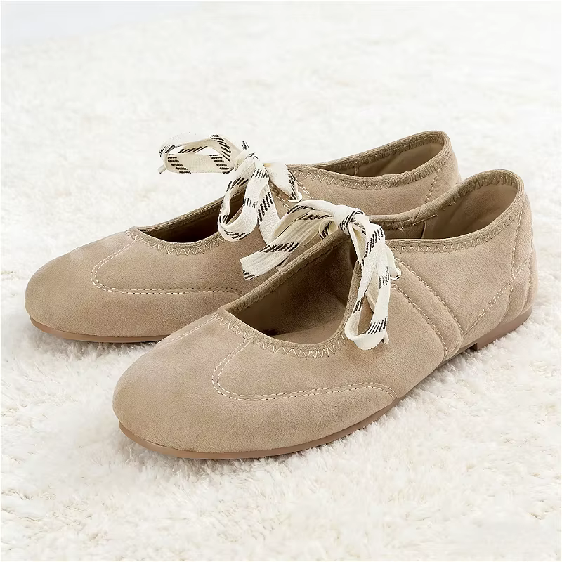 Mode bout rond ballerines femmes à lacets Faux daim peu profond concis semelle souple Mary Jane chaussures