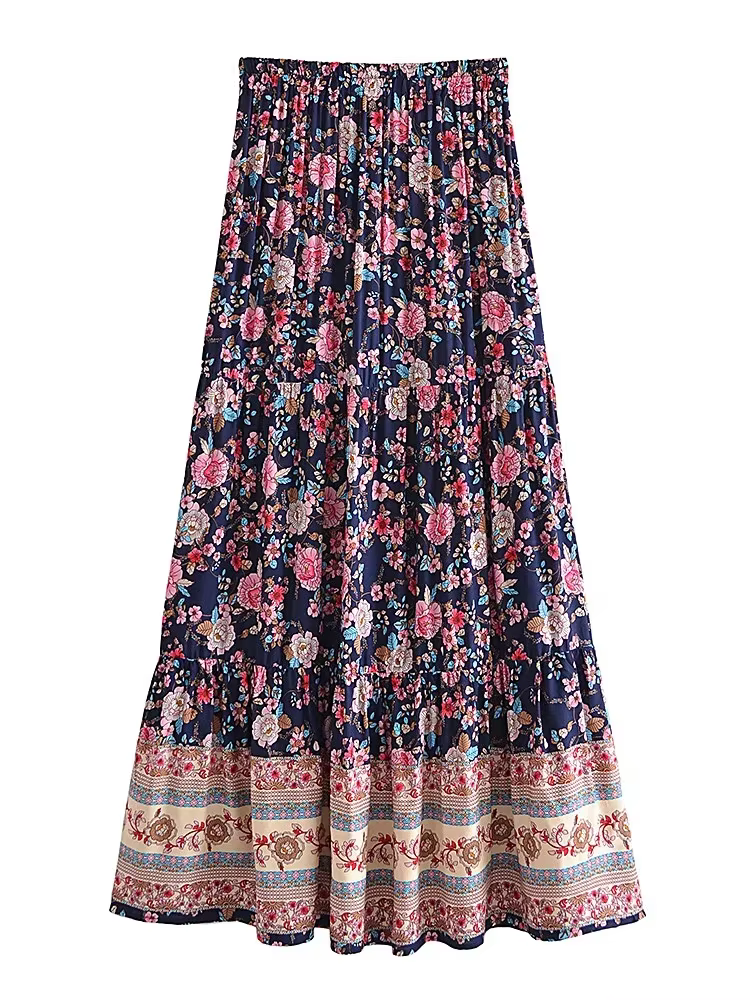Jupe Vintage Chic à Imprimé Floral pour Femme, Style Bohème, Taille Haute artificiel astique, Gothique, Ligne A, Bohème, Maxi, pour la Plage