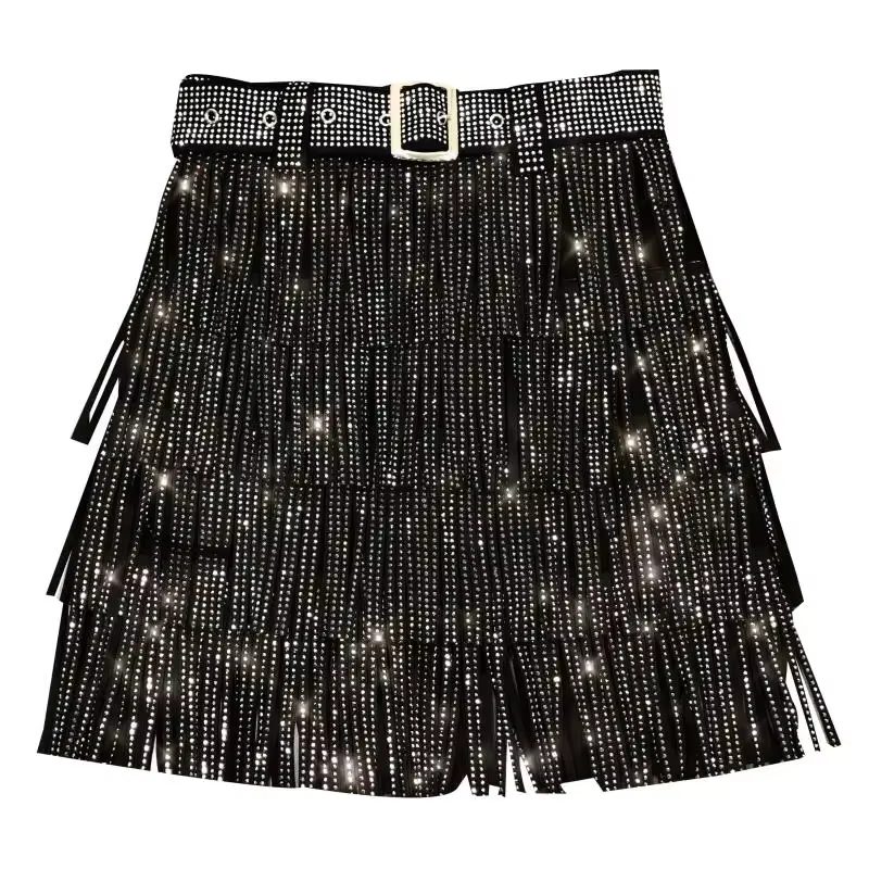 Femmes jupe mode 2025 nouveau automne taille haute ceinture multicouche courte lourde forage strass jupe à franges avec gâteau une ligne