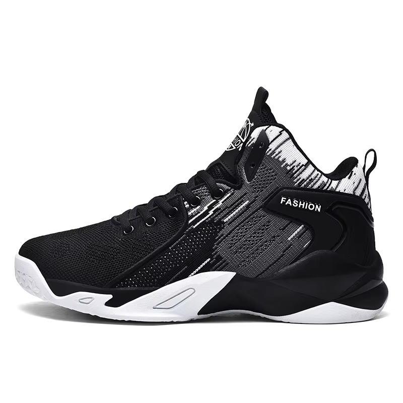 Chaussures de basket-ball montantes noires et blanches pour hommes - Baskets athlétiques en maille respirante