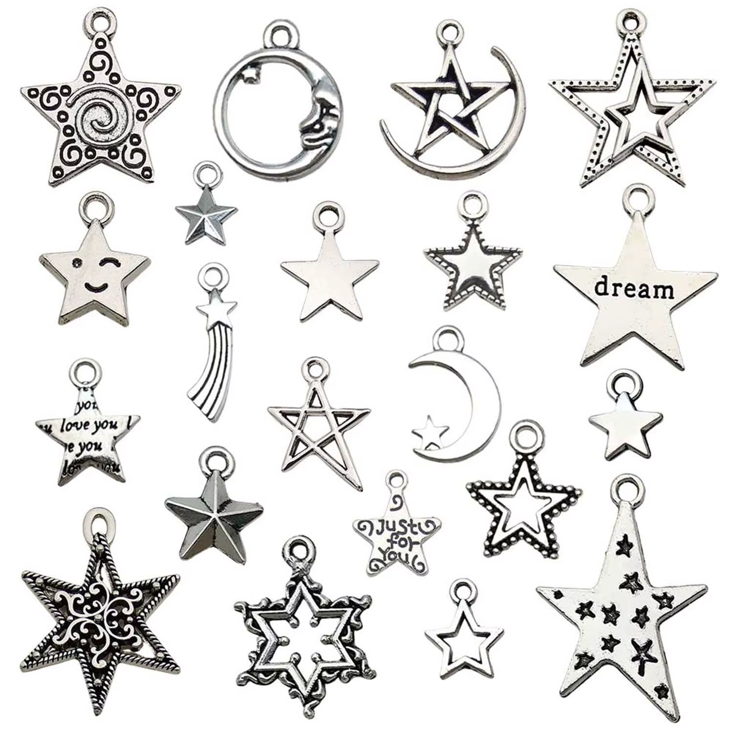 21/30 pièces Breloques en alliage argenté antique motif étoile pour la fabrication de bijoux DIY (bracelets, colliers, boucles d'oreilles)