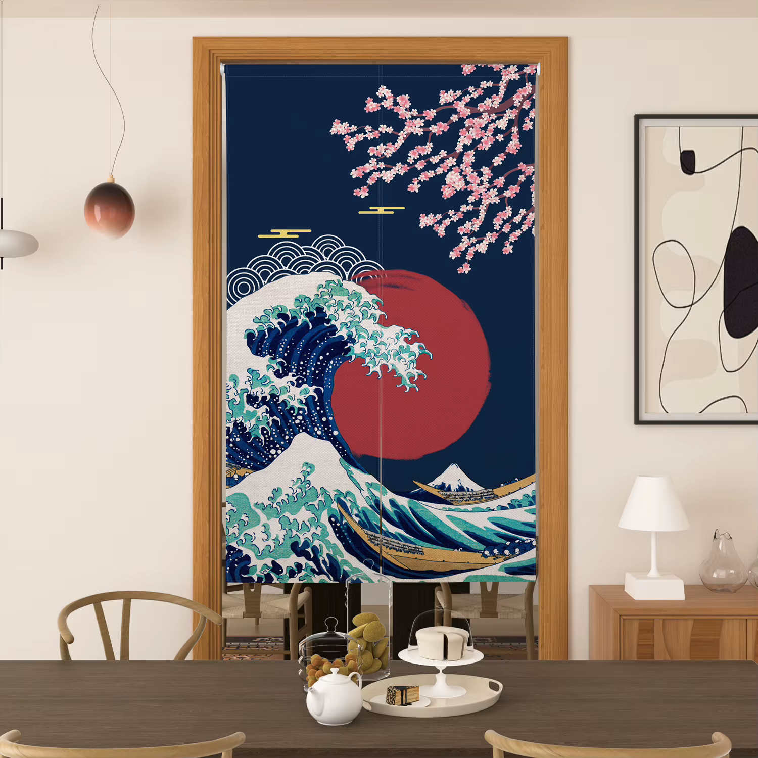 Rideau de porte de style japonais, motif vague de fleurs de cerisier du mont Fuji, demi-rideau pour salle à manger, cuisine, maison de thé, décoration intérieure