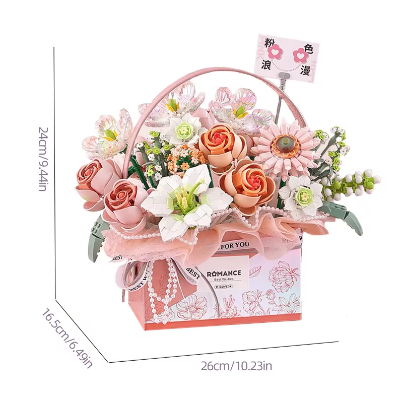 Bouquet de roses roses créatif en blocs de construction, série de boîtes cadeaux portables pour bouquets de fleurs, briques de modélisation, cadeaux pour filles, jouets pour adultes