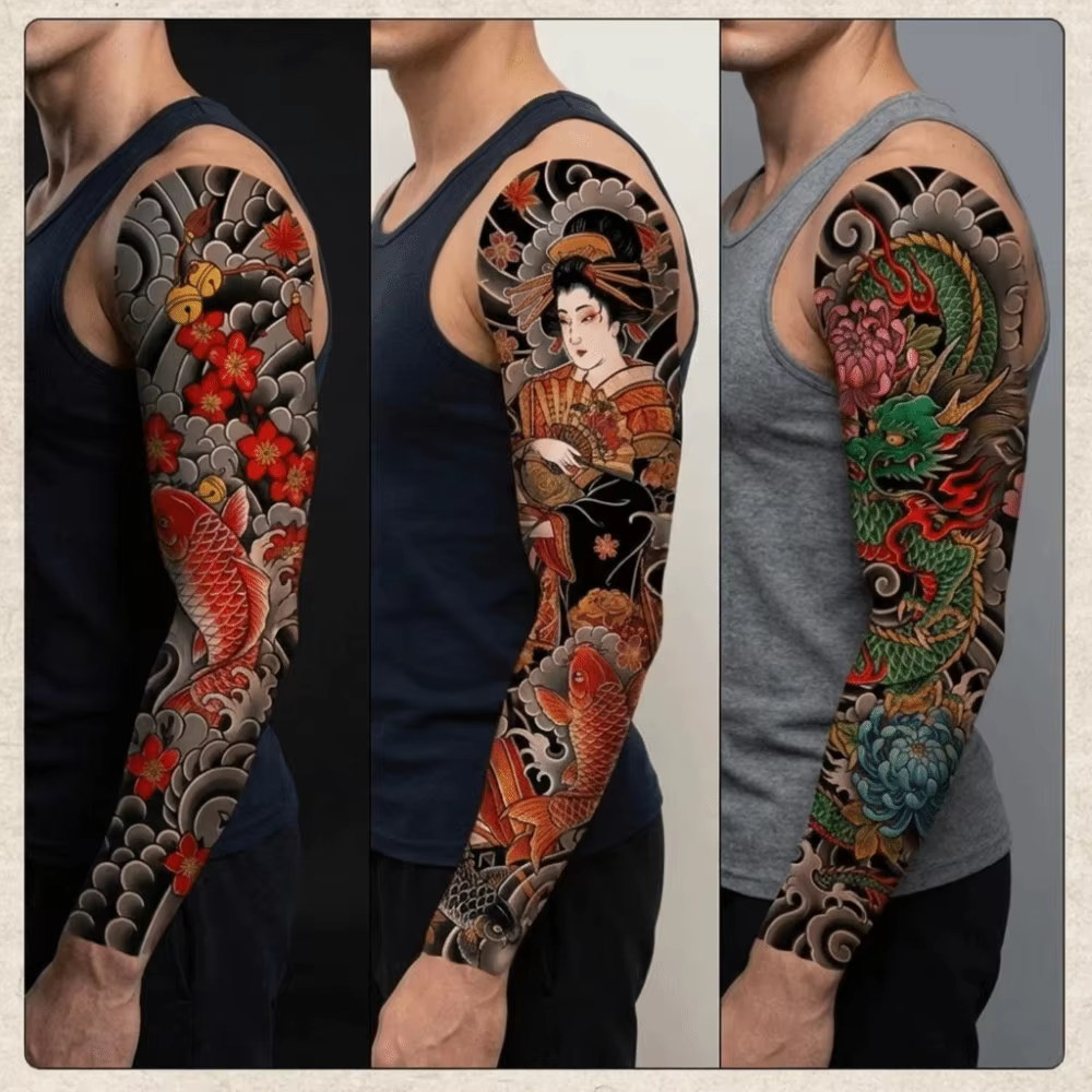 Tatouages temporaires japonais style démon, manchon de bras, poisson Koi, Geisha, Dragon, Pivoine, transfert à l'eau
