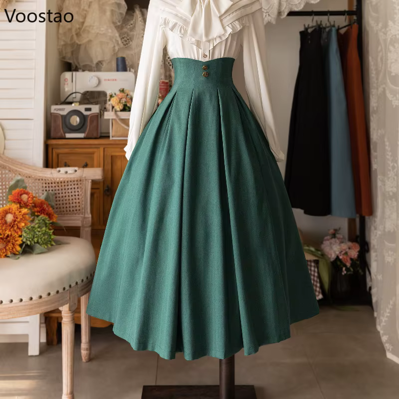 Jupe mi-longue Vintage victorienne Lolita pour femmes, élégante, douce, boutons Y2k, Slim, ligne a, jupes longues, jupe de fête classique japonaise