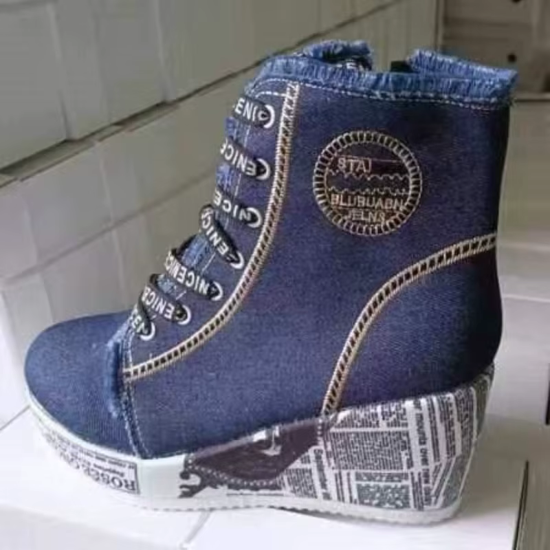Femmes nouveau Denim baskets à semelles compensées plate-forme printemps automne décontracté chaussures vulcanisées mode dames côté fermeture éclair fond épais talon haut
