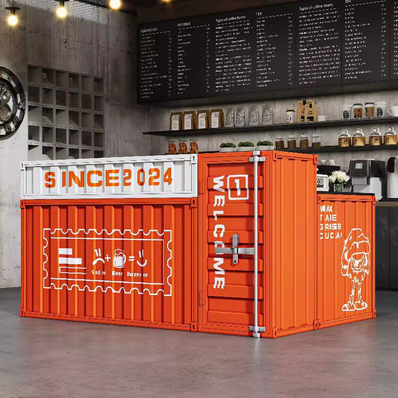 Comptoir de bar de style industriel avec fer forgé vintage, coin de conteneur de type gym pour caisse et espace de réception, sur mesure