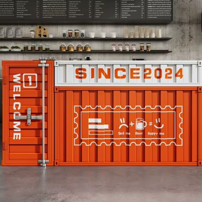 Comptoir de bar de style industriel avec fer forgé vintage, coin de conteneur de type gym pour caisse et espace de réception, sur mesure