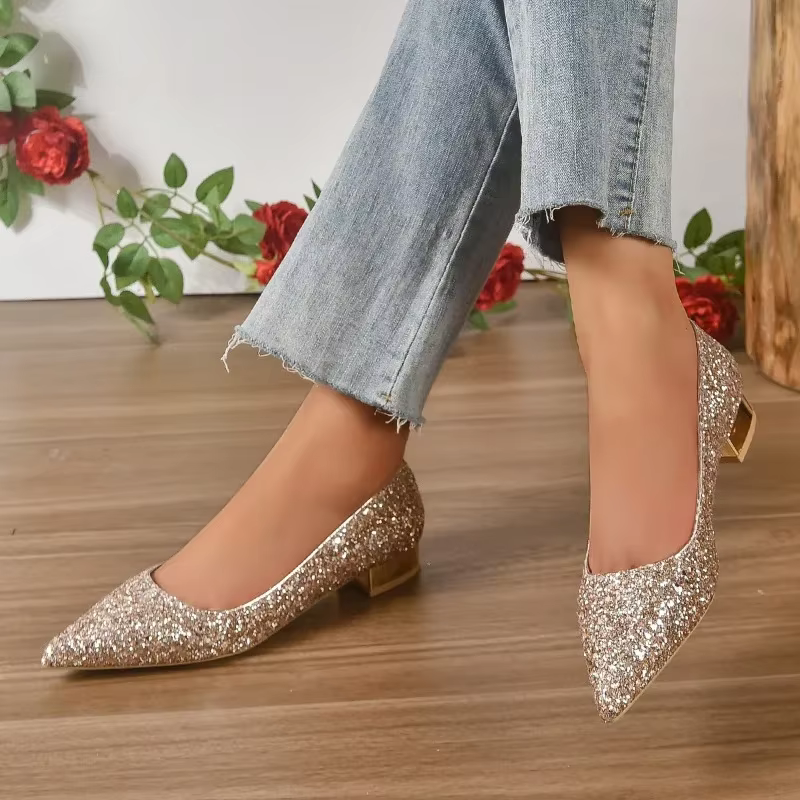 Chaussures plates pour femmes 2025 talon bas bouche peu profonde paillettes printemps et automne