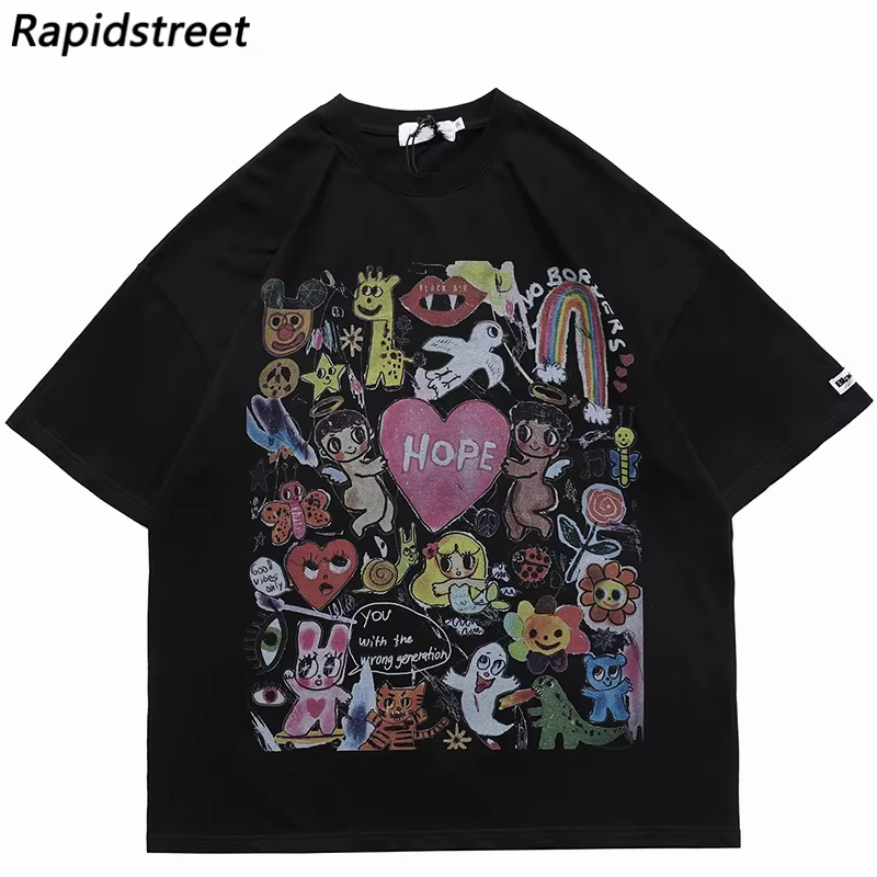 Hommes T-Shirt surdimensionné Hip Hop Streetwear peinture lettre coeur arc-en-ciel anges graphique T-Shirt Harajuku coton T-Shirt unisexe