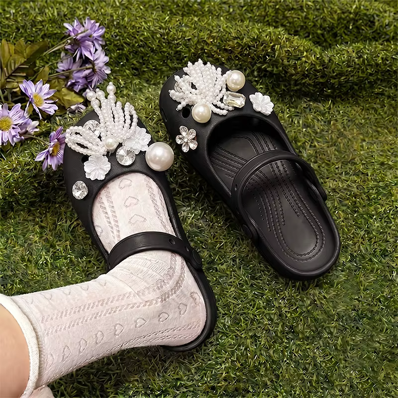 Élégantes Chaussures Plates à Nœud Papillon en Perles et Strass pour Femmes