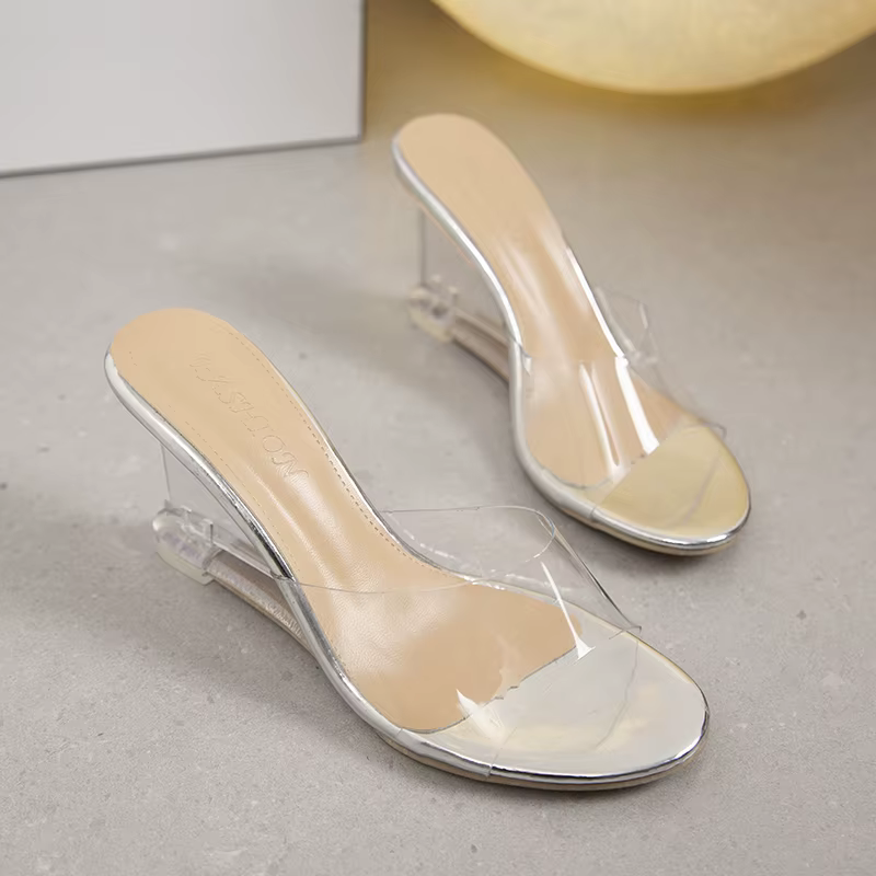 2025chaussures pour femmes été nouvelle mode sans lacet talons hauts cristal coin femme Peep Toe pantoufles décontractées