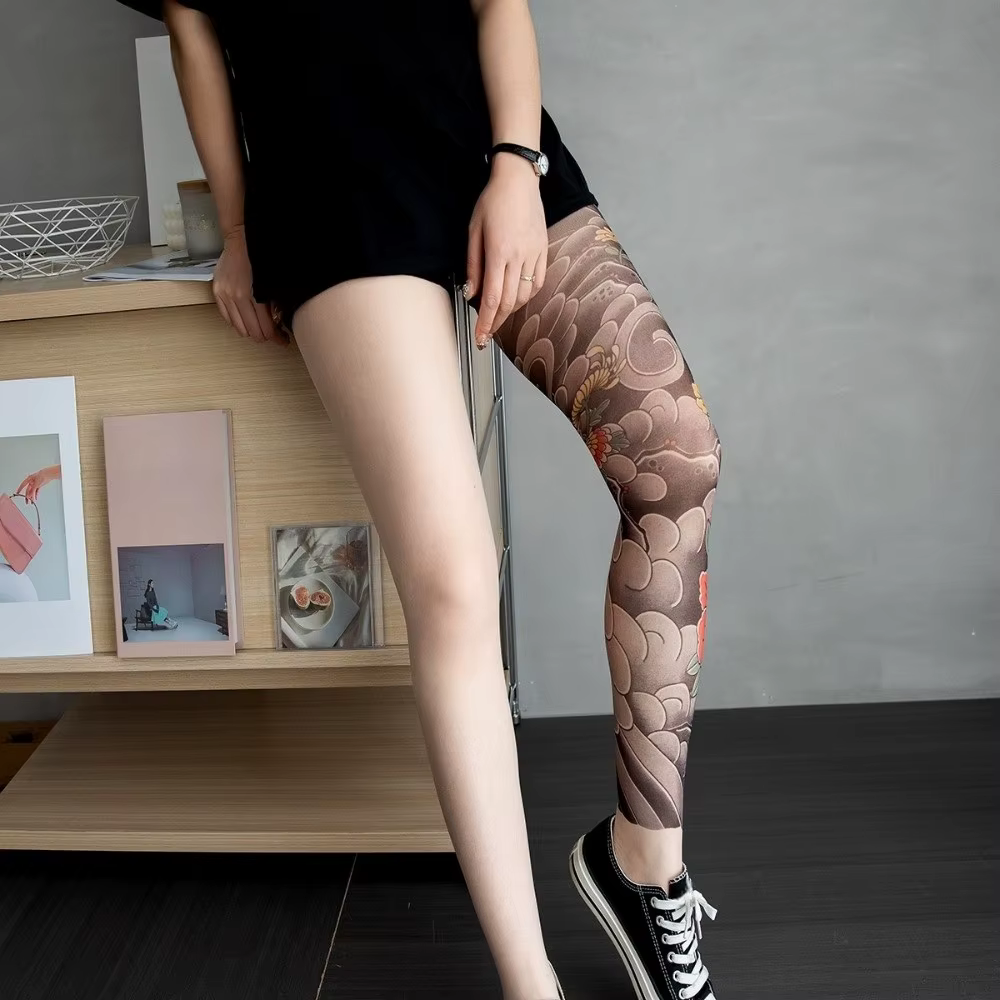 Chaussettes de sport élastiques et respirantes style japonais motif serpent, protection UV, fines, anti-UV, effet tatouage intégral sur la jambe