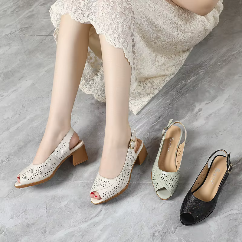 Sandales ouvertes en cuir véritable pour femmes