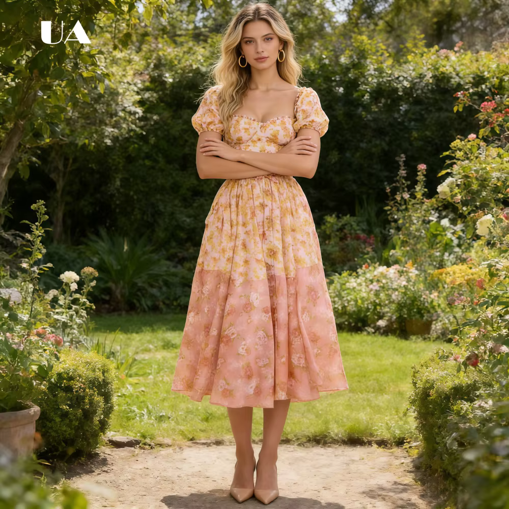 Robe midi évasée à imprimé floral élégant de style français ULBYANRY avec col à volants, robe empire à manches bouffantes de style pastoral