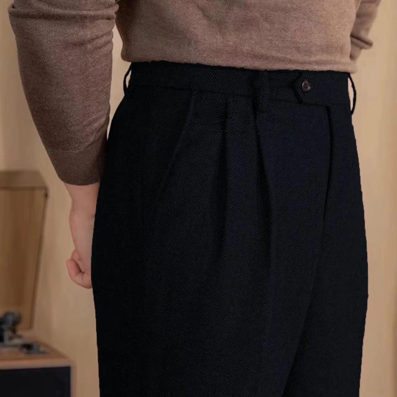 Pantalon de costume Vintage italien pour hommes, automne hiver, laine, motif à chevrons, pantalon droit, Style britannique, pantalons d'affaires décontractés