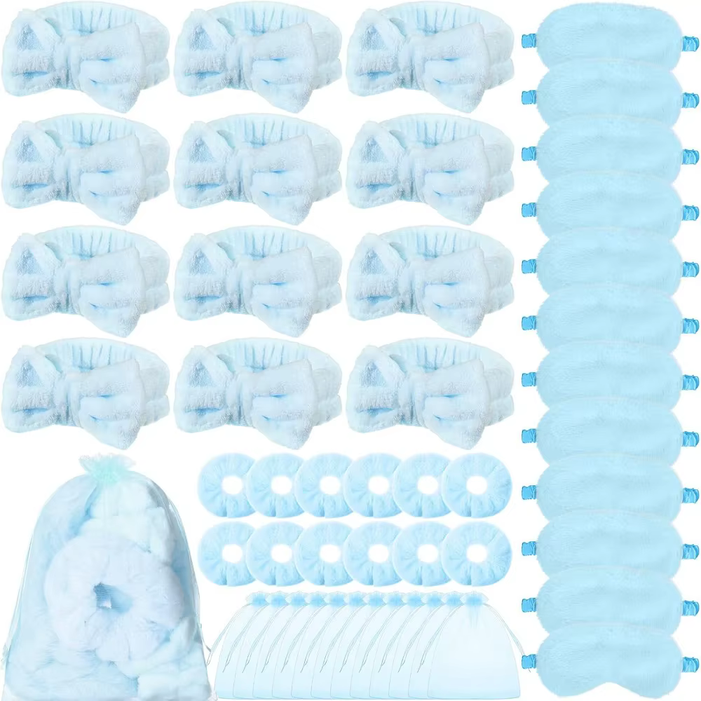 2-15 Ensembles d'accessoires de spa : Bandeau à nœud, Masque pour les yeux, Chouchous en velours, Pochette en organza – Cadeaux pour soirées pyjama, anniversaires et fêtes