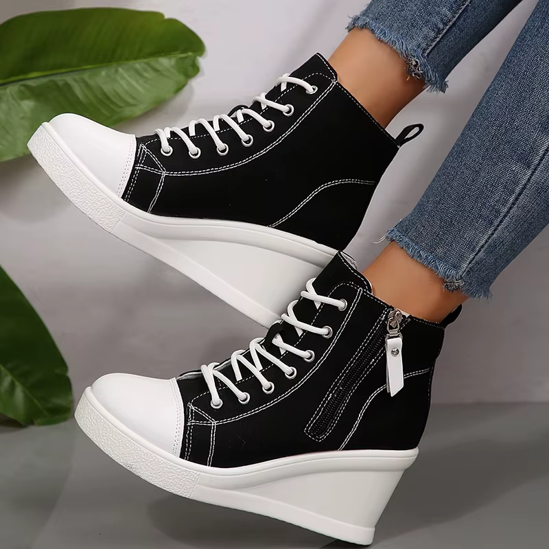 Noir haut toile baskets chaussures pour femmes classique plate-forme talon compensé