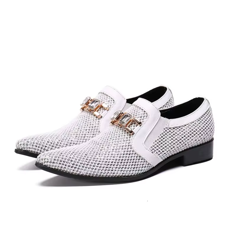 Chaussures de mariage pour hommes à bout pointu blanches avec anneaux en cristal