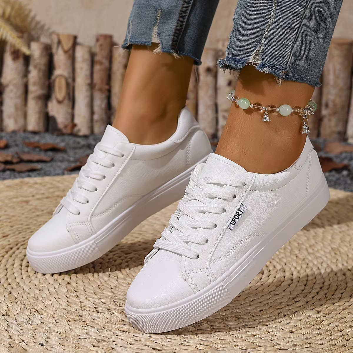 Chaussures blanches femmes printemps automne fond plat en cuir baskets décontracté à lacets étudiants collège Style