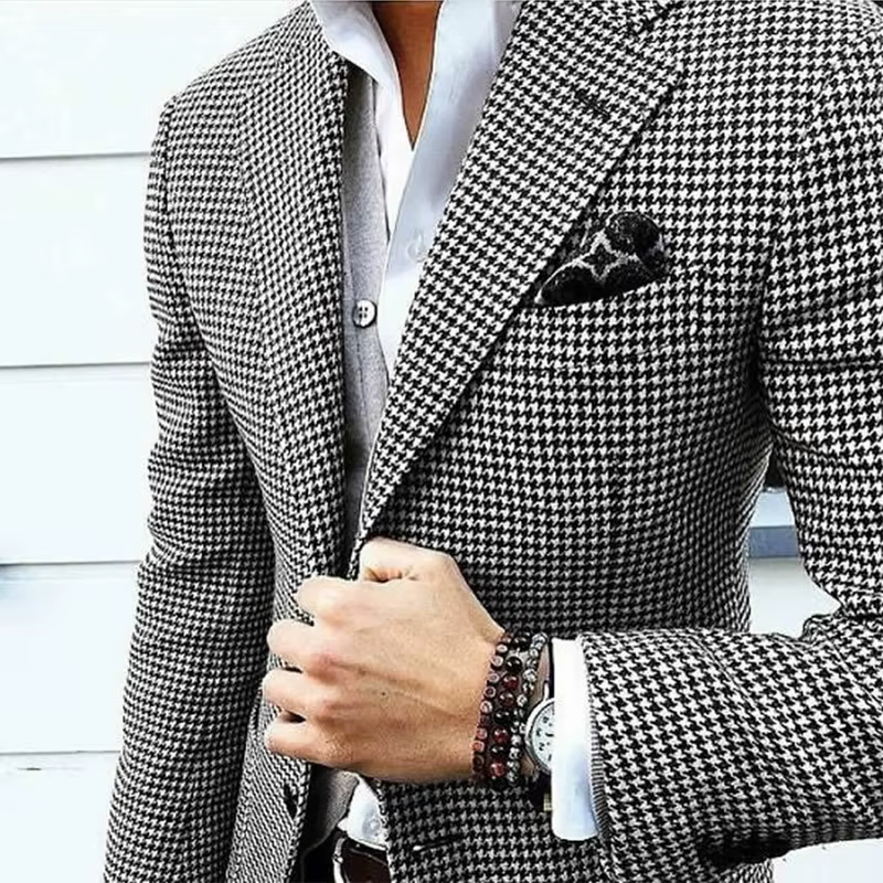 Style italien hommes Blazer pied de poule décontracté homme costume veste revers cranté une pièce vérifier manteau de mariage pour la fête de bal