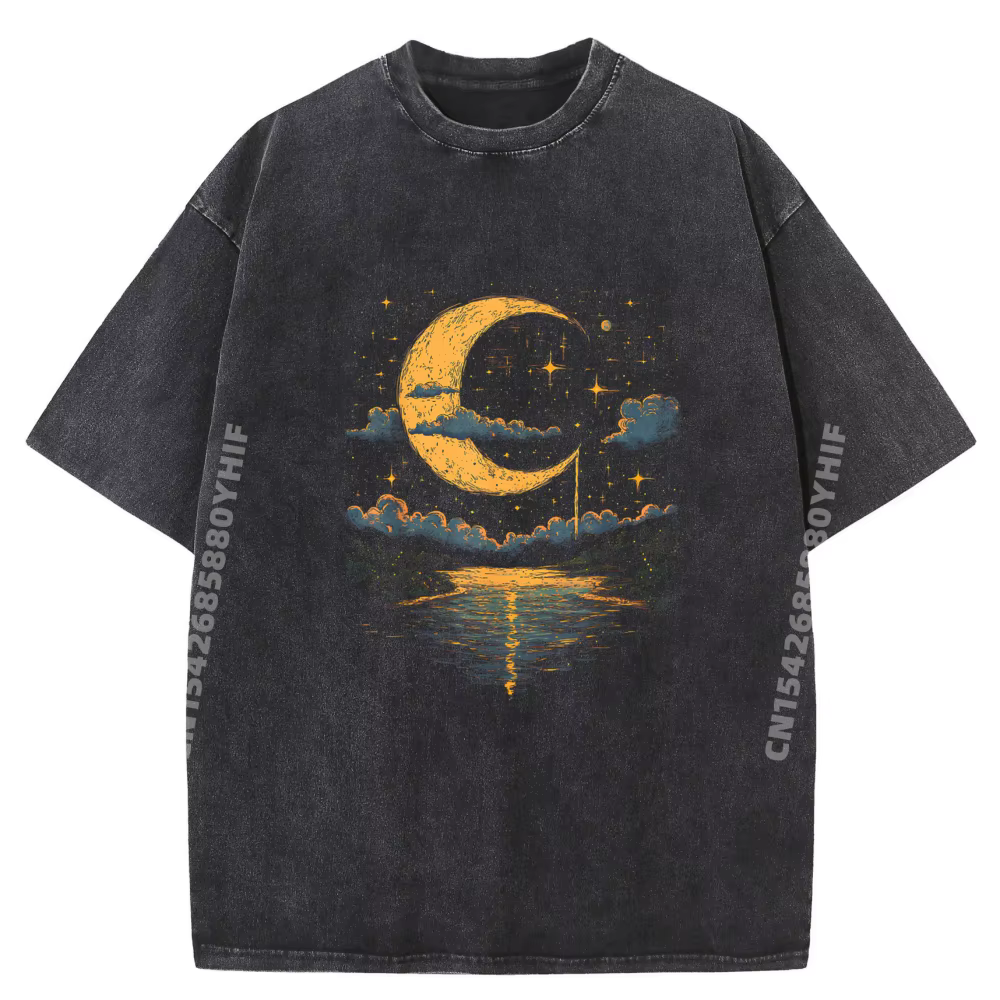 T-shirt Homme Décontracté Style Bohème Hippie Vintage Céleste Demi-Lune Effet Délavé Style Chinois