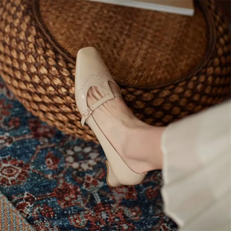 2025 printemps femmes chaussures en cuir verni couleur unie boucle en forme de T bout carré talon épais polyvalent