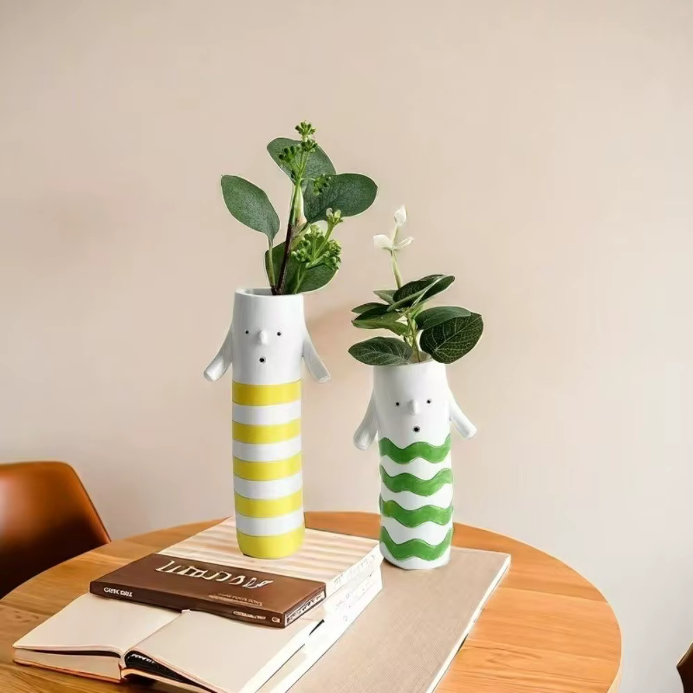 Porte-fleurs en résine peinte de style bohème, vase floral unique et amusant, forme cylindrique, pot de plante fait à la main, ornement de décoration pour la maison