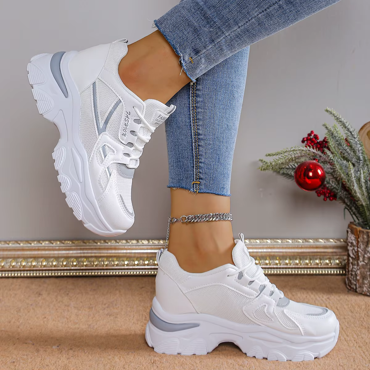 Plate-forme chaussures de sport pour femmes blanc décontracté maille respirant baskets hauteur augmenter à lacets printemps automne Tennis Feminino