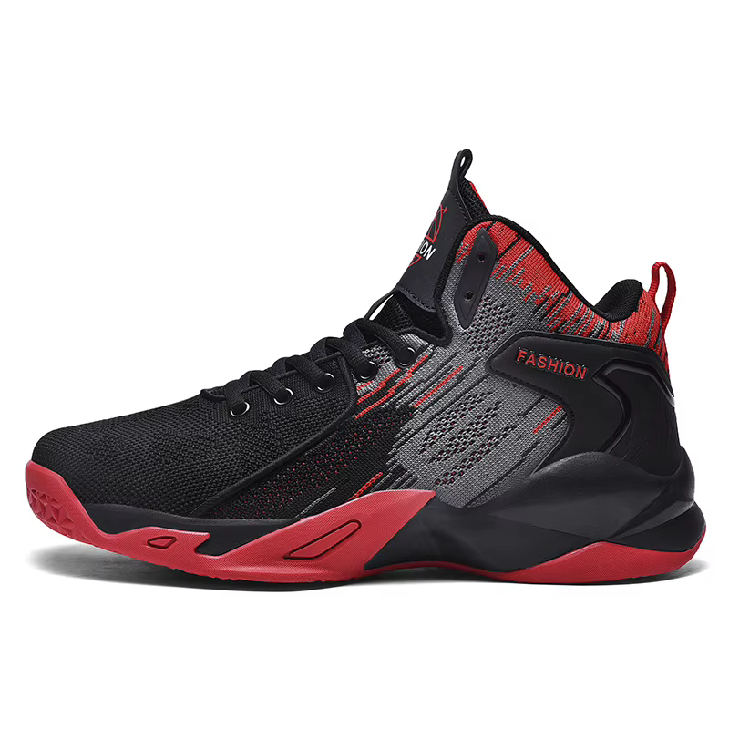 Chaussures de basket-ball montantes noires et blanches pour hommes - Baskets athlétiques en maille respirante