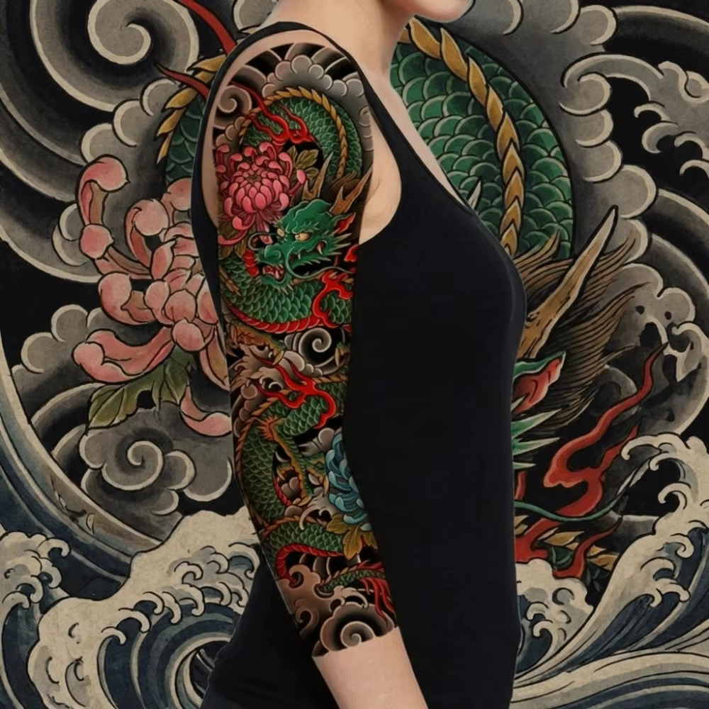 Tatouages temporaires japonais style démon, manchon de bras, poisson Koi, Geisha, Dragon, Pivoine, transfert à l'eau