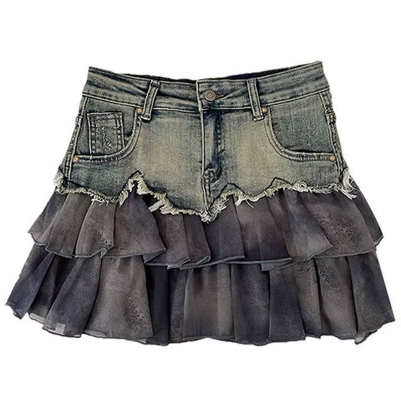 Jupe en jean style Spice Girl pour femme, été, coupe irrégulière, bords bruts, taille haute, style A-line, effet enveloppant