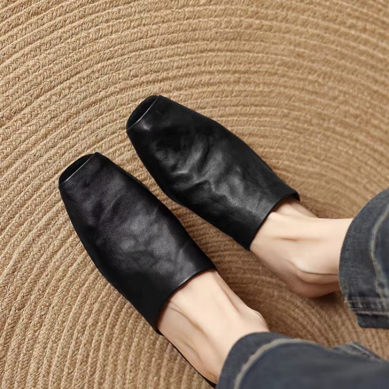 Mules pour femmes vêtements chauds femme carré bout fermé pantoufles peau de vache chaussures plates en cuir véritable