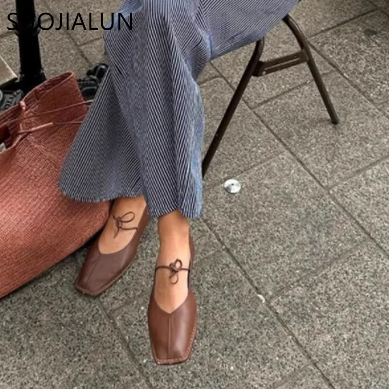SUOJIALUN 2025 marque femmes Vintage chaussures plates grande taille dames élégant à lacets talons bas