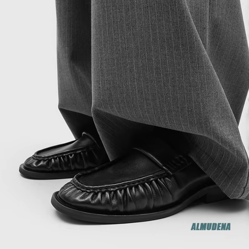 Mocassins décontractés pour hommes à bout carré en cuir véritable noir, à enfiler, à talon bas, style streetwear urbain, pour l'extérieur, mode minimaliste, chaussures de travail