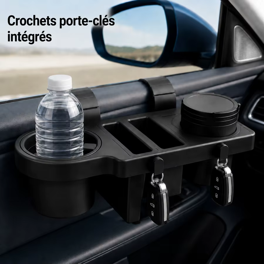 Organisateur de bord de portière de voiture avec porte-gobelet, emplacements pour téléphone, crochets pour clés et rangement divisé pour accessoires, pour l'intérieur de la voiture
