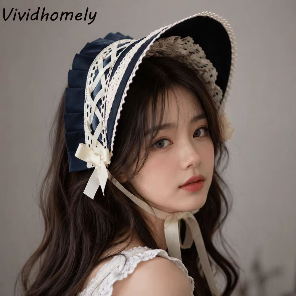 Bonnet Lolita Style Pastorale pour Fille, Nœud Vintage Victorien, Coiffe Élégante et Magnifique en Dentelle, Chapeau de Fête