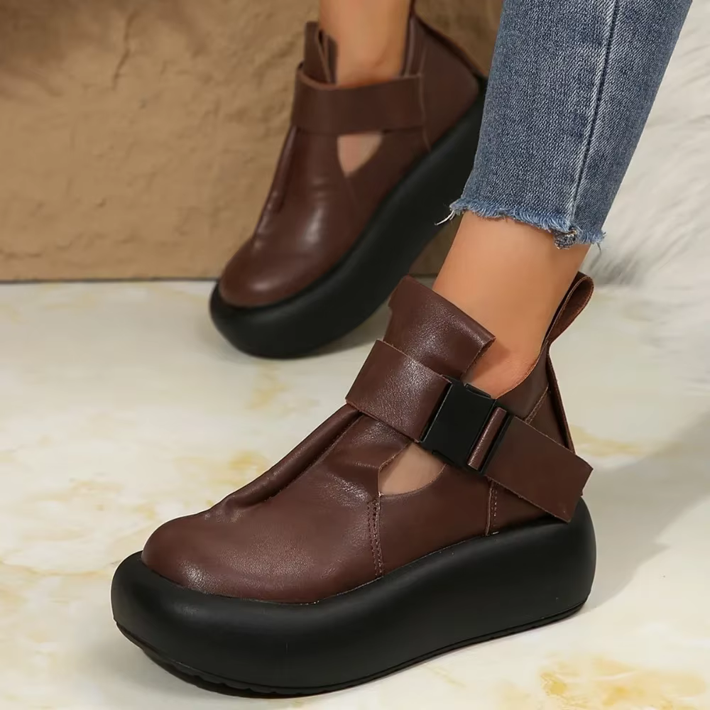 Bout rond semelle épaisse en cuir rétro plate-forme chaussures femmes loisirs romain