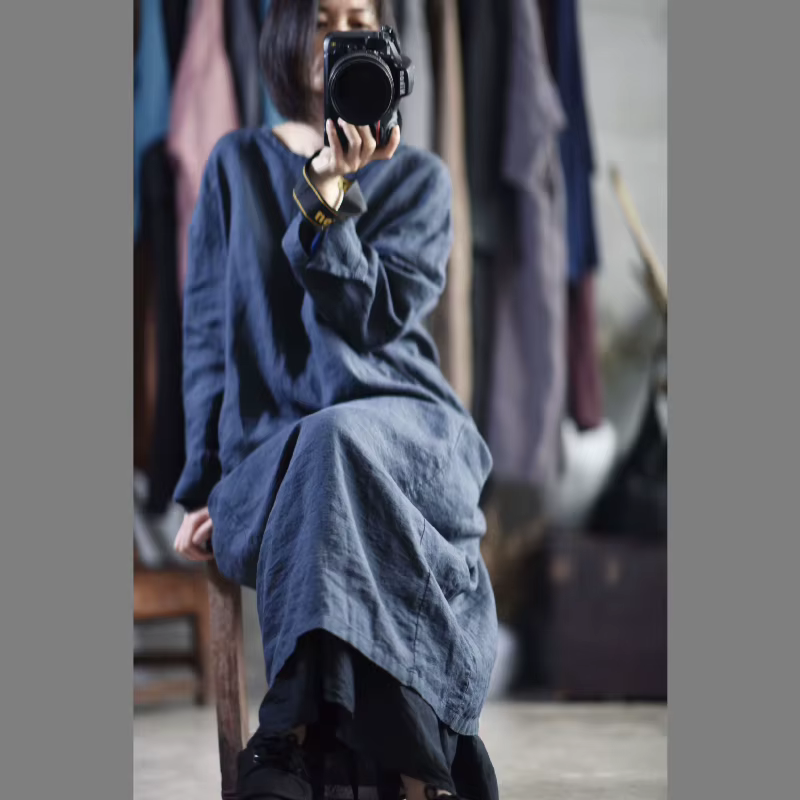 Robe décontractée oversize pour femme, nouvelle collection printemps 2026, style vintage, col rond, manches longues, faite main, coupe ample, en ramie délavée, style défilé