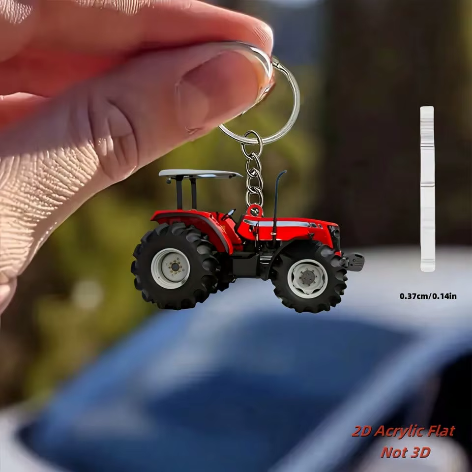 Porte-clés Tracteur Rouge, Porte-clés Décoratif 2D, Convient pour les Clés de Voiture, Décoration de Sac à Dos, Matériau Acrylique, Cadeau d'Anniversaire.
