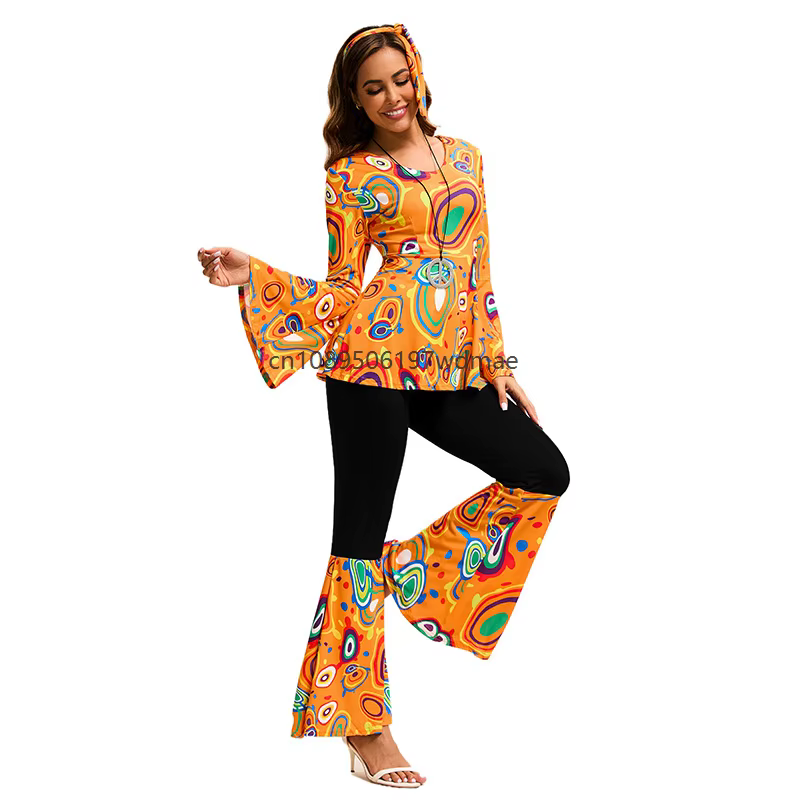 Costume de disco multi-couleurs pour femmes, vêtements de performance hippie, ensemble avec bandeau, robe rétro pour fête dansante