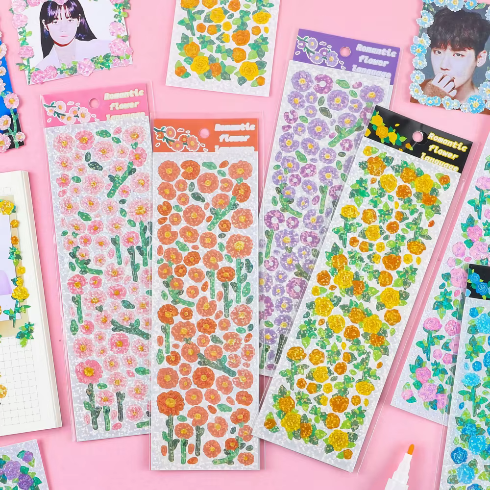 Autocollants d'hologramme de fleur de style coréen mignon, autocollant Kawaii pour KPOP, chargeur supérieur, décoration de bloc-notes de scrapbooking