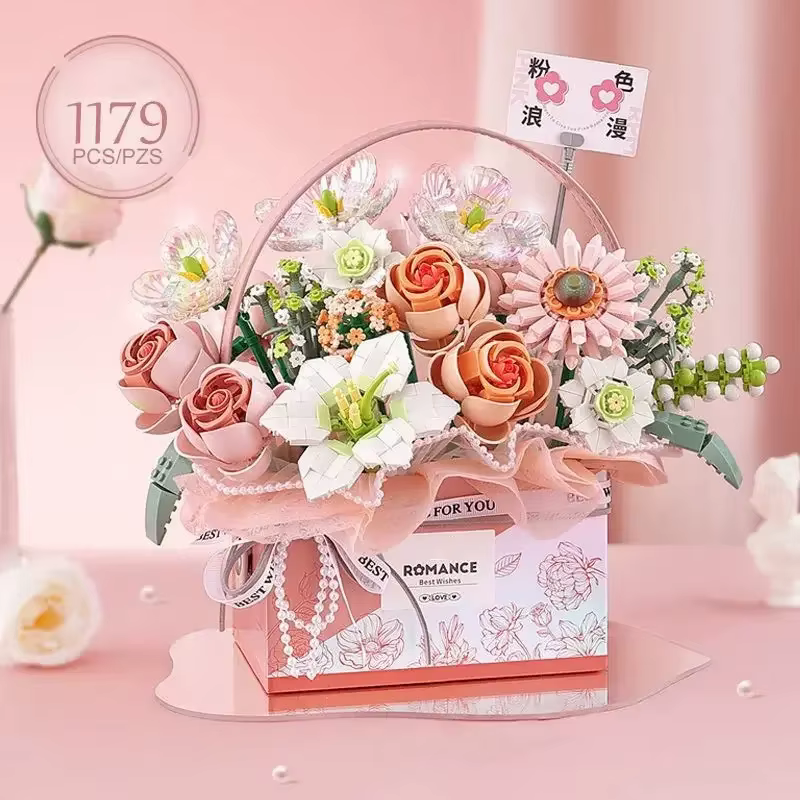 Bouquet de roses roses créatif en blocs de construction, série de boîtes cadeaux portables pour bouquets de fleurs, briques de modélisation, cadeaux pour filles, jouets pour adultes
