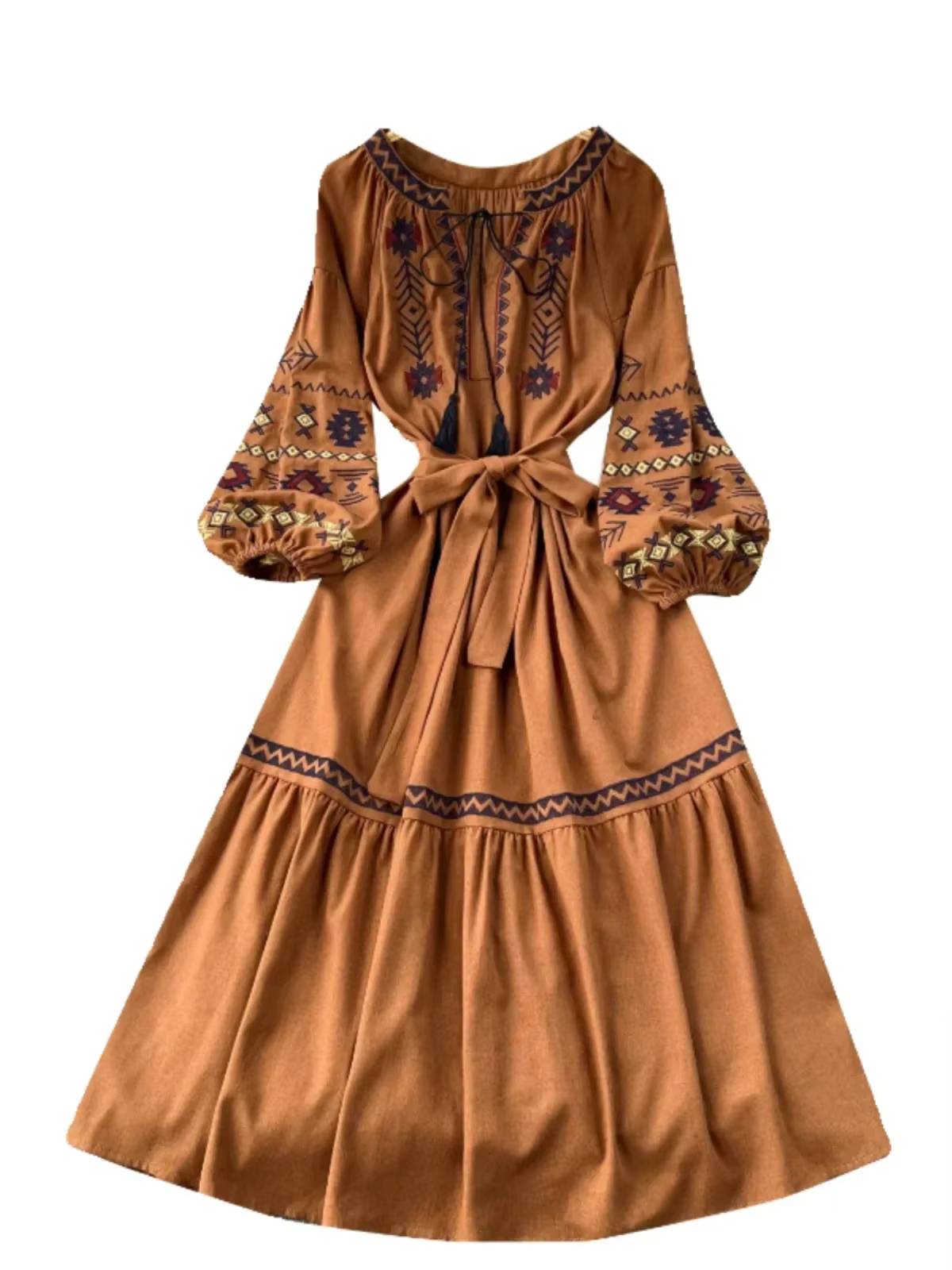 Robe de vacances bohème pour femmes, tenue de voyage, douce broderie de style occidental, taille adt, grand ourlet, longueur midi, robe éducative DS001