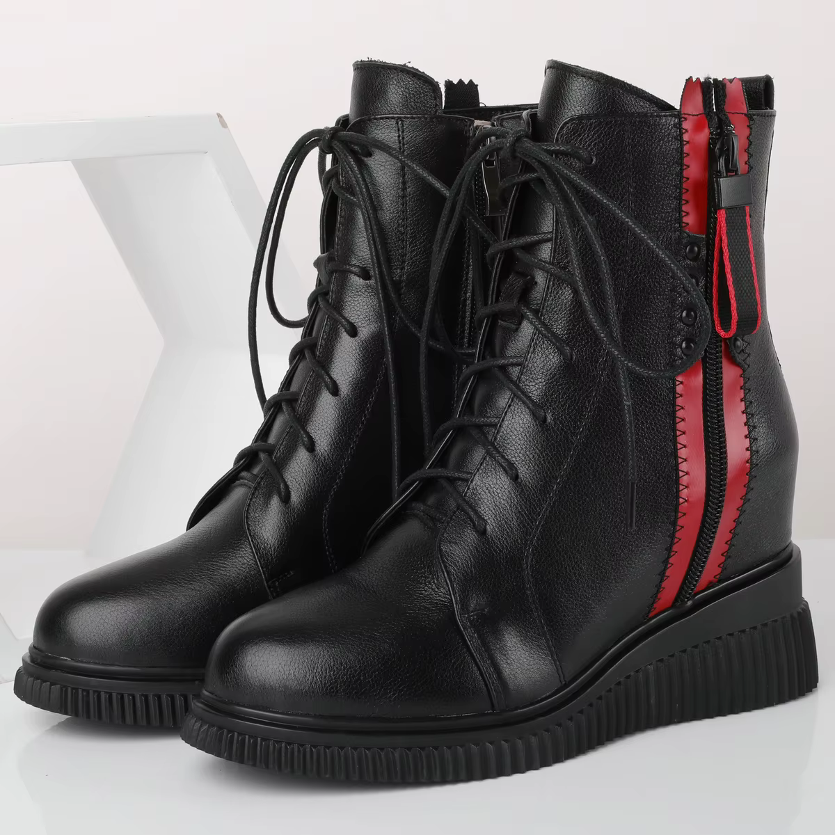 Baskets montantes épaisses en cuir véritable pour femme