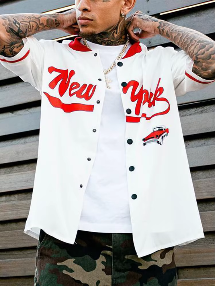 Chemise surdimensionnée Hip Hop pour hommes, imprimé graphique, manches courtes, haut ample, Streetwear, Style Y2K, col montant, chemises boutonnées