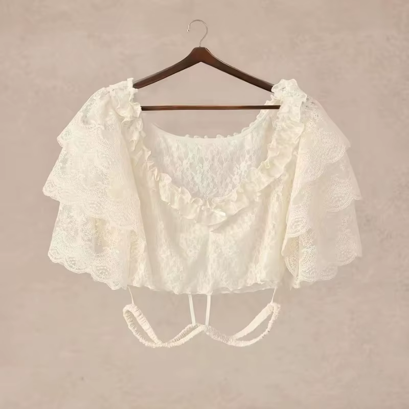 Chemisiers élégants de style Lolita victorien pour femmes, chemisiers vintage en dentelle à manches courtes évasées et volants, blouses douces Y2K amples pour femmes